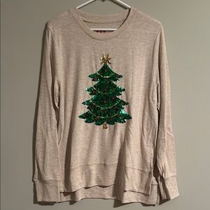Holiday Time Beige Knit Christmas Tree Sequin Sweater